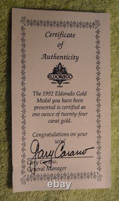 1992 El Dorado Casino 24 Kt. Gold Olympic like medal 31 grams in box with COA