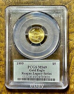 1999 $5 Gold Eagle 22K 3.39 Grams PCGS MS69 Reagan Pop 47 Gaudens Design # IAN