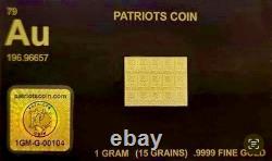 1G Patriots Coin 0.9999 Fine Gold Bar Sheet Au 1 Gram Fractional 15 pieces