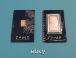 2 Lot Pamp Suisse Lady Fortuna Bars 1 Troy oz Fine Silver and 1 Gram Fine Gold