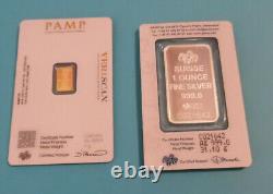 2 Lot Pamp Suisse Lady Fortuna Bars 1 Troy oz Fine Silver and 1 Gram Fine Gold