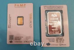 2 Lot Pamp Suisse Lady Fortuna Bars 1 Troy oz Fine Silver and 1 Gram Fine Gold