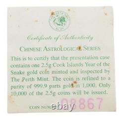 2001 Cook Islands 2.5 Gram Gold Coin Year of the Snake. 9999 Fine Proof coin Box