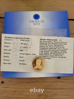 2002 GOLD Proof $50 Coin. 585 Gold 14k 3.11g American Mint Theodore Roosevelt