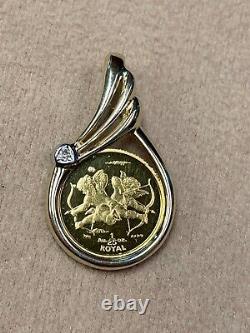 2002 Gibraltar. 999 Gold Cupid Coin 1/25oz In 14K Bezel Diamond Pendant 3 Grams