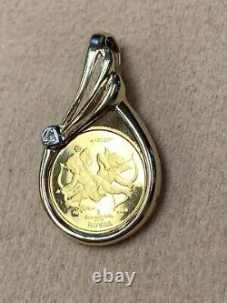 2002 Gibraltar. 999 Gold Cupid Coin 1/25oz In 14K Bezel Diamond Pendant 3 Grams