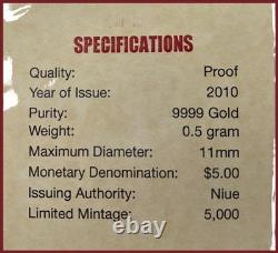 2010 Niue $5 Ned Kelly 0.5g 9999 Gold Proof Coin Limited Mintage