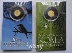 2014 2015 Kookaburra & Koala 1/2 Gram Australia Miniature Gold Coins