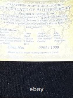 2014 GOLD UNICORN PROOF COIN 064/1000 COA TOKELAU. 5 Gram
