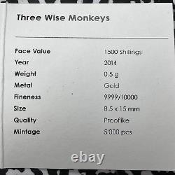 2014 Tanzania 1500 Shilling Three Wise Monkeys (20 Available)(1 Coin Only) Gold