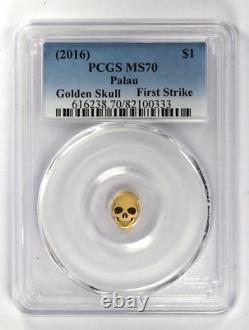 2016 $1 Palau Golden Skull 0.5g 11mm First Strike PCGS MS70 Gold Coin