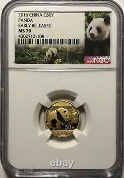 2016 China Panda 50 Yuan 3 Gram 1/10 Oz. 999 Gold NGC Certified MS70 #108