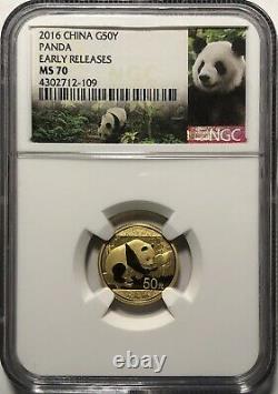 2016 China Panda 50 Yuan 3 Gram 1/10 Oz. 999 Gold NGC Certified MS70 #109