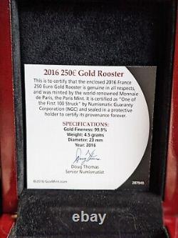 2016 France Gold 250 Euro Rooster NGC MS70 One Of First 100 Coins Struck