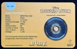 2016 Niue Disney Limited Edition Donald Duck. 5 Gram 9999 Proof Gold Coin 1/1500