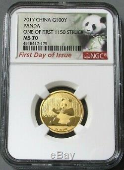 2017 Gold China 100 Yuan 8 Gram Panda Ngc Mint State 70 First Day Of Issue Fdoi