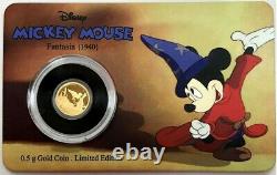 2017 Gold Disney Mickey Mouse Fantasia. 5 Gram Niue $2.5 Proof Coin In Card