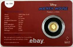 2017 Gold Disney Mickey Mouse Fantasia. 5 Gram Niue $2.5 Proof Coin In Card