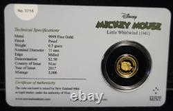 2017 Niue Disney Mickey Mouse Little Whirlwind (1941). 9999 Gold Coin OGP. 5g