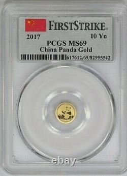 2017 PCGS China Gold Pana 10 Yuan 1 Gram MS69 First Strike Flag Label