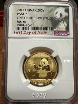 2017 Panda 15 gram Gold Coin 200 Yuan NGC MS70 First Day of Issue 900 Struck