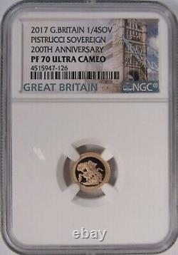 2017 UK Great Britain Pistrucci Gold Proof 1/4 Sovereign. NGC PF 70 TOP POP