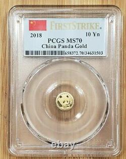 2018 China 10 Yuan Gold Panda 1 Gram Coin PCGS MS70 First Strike Flag Label