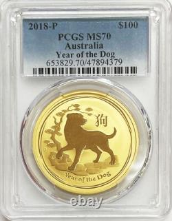 2018 P Gold Australia 1 Oz 9999 Fine $100 Lunar Year Dog Coin Pcgs Mint State 70