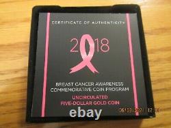 2018 United States Mint Breast Cancer BU $5 GOLD Coin Item 18CF OGP COA