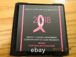 2018 United States Mint Breast Cancer PROOF $5 GOLD Coin Item 18CE OGP COA