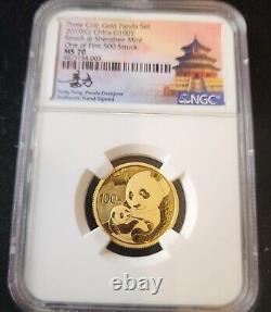2019 (G) 3-Coin Gold Panda Set 1 of 1st 500 Struck Shenzhen NGC MS-70 Signature