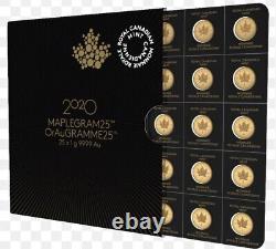 2020 25x 1 Gram Gold Maple Leafs RCM Maplegram25 In Assay