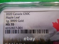 2020 Canada G50C Gold Maple Leaf NGC MS70 1 gram. 9999 gold 1 piece