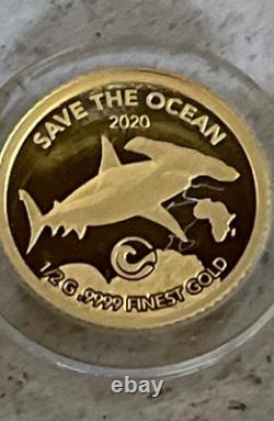 2020 Proof. 9999 1/2 g Gold Coin Save the Ocean Hammerhead Shark 1000 Francs CFA