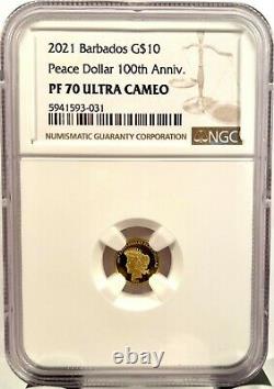 2021 Barbados 1921 Peace Dollar 100th Ann. 0.5 gram Gold Proof Coin NGC PF 70