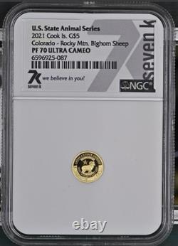 2021 Cook Is. State Animal Series 1/2 Gram. 9999 Gold $5Proof Coin PF70 UCAM