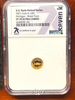 2021 Cook Island $5 Gold U. S. State Animal Series Mich Trout NGC PF70 Ultra Cam