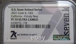 2021 Cook Islands $5 U. S. Animal Series Gold California Grizzly Bear NGC PF70 UC