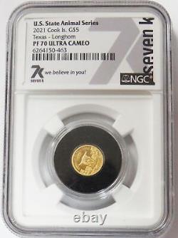 2021 Gold Cook Islands $5 Texas Longhorn 1/2 Gram Coin Ngc Pf 70 Uc