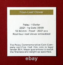 2021 Palau 1 gram GOLD FOUR LEAF CLOVER, Proof. 9999 Purity, With COA-Free Ship