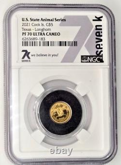 2021 Texas Longhorn 1/2 gram gold PF 70 UC NGC Cook Is. $5 Animal Series 7k