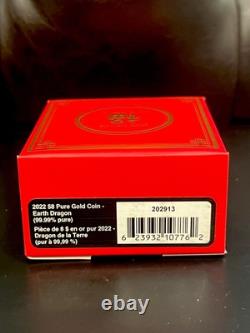 2022? 1.58g Canada Earth? Dragon PP Proof Gold Coin. 9999 Fine? (withBox & CoA)New