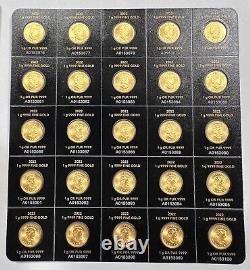 2022 Canada 1 Gram. 9999 Gold Maple Leaf Sheet of 25 Coins Total