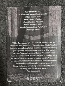 2022 Cook Is. State Animal Series 1/2 Gram. 9999 Gold $5Proof Coin PF70 UCAM