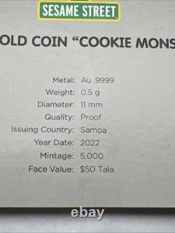 2022 Cookie Monster Samoa 0.5 Gram Gold Proof Coin 0.9999 Fine $50 Tala