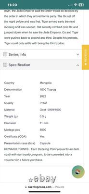 2022 Mongolia. 5g Gold Torper. Only 5000pcs Worldwide! Limited Mintage. 9999fine