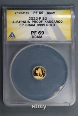 2022-p $2 Gold Australia Proof Kangaroo 0.5 Gram 9999 Gold Anacs Pf68 Slab-142