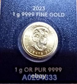 2023 1X Maplegram 1 gram. 9999 pure gold in Assay Mapleleaf/Memoriam QEII