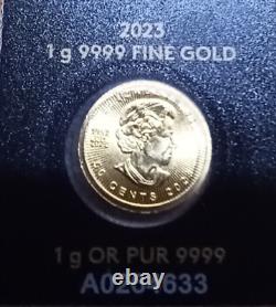 2023 1X Maplegram 1 gram. 9999 pure gold in Assay Mapleleaf/Memoriam QEII