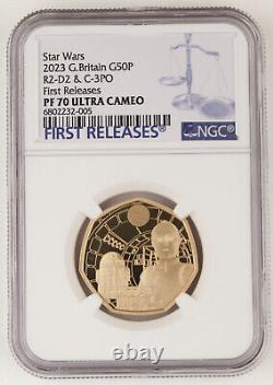 2023 50 Pence Great Britain 15.5 Gram 22K Gold Star Wars R2-D2 C-3PO NGC PF70 FR